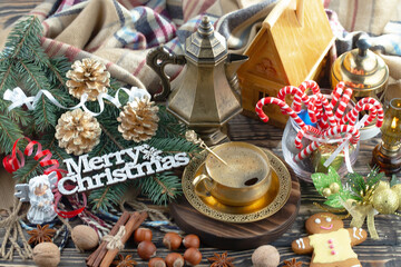 Merry Christmas and Happy New Year, postcard with gifts and Christmas decorations.