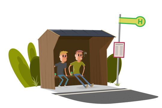 cartoon illustration of two guys sitting in a typical German bus stop and drinking beer