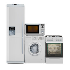 Kitchen appliances. Washing machine, fridge, gas range, microwave oven. 3D rendering