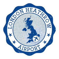 London Heathrow Airport stamp. Airport of London round logo with location on United Kingdom map marked by airplane. Vector illustration.