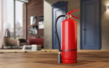 Fire extinguisher in luxury modern room or apartment, blur background. 3D illustration