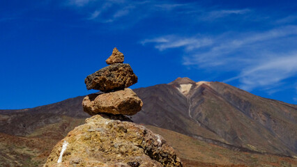 Stone cairn in front of mount Teide