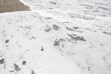 Sea water from a wave with foam on the seashore