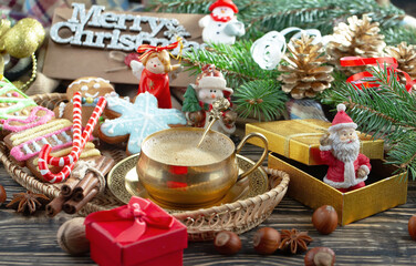 Merry Christmas, postcard with gifts and Christmas decorations.
