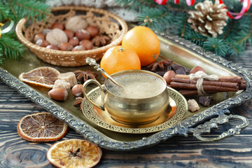 Merry Christmas card with gifts and, coffee and Christmas decorations.