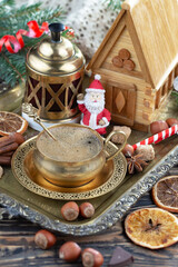 Merry Christmas, postcard with gifts and Christmas decorations.