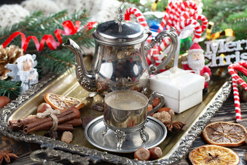 Merry Christmas, postcard with gifts and Christmas decorations.