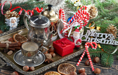 Merry Christmas, postcard with gifts and Christmas decorations.