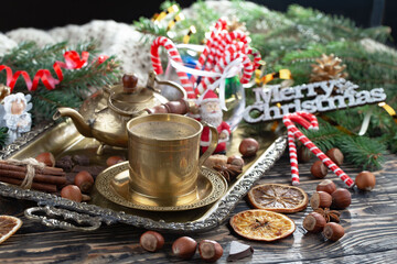 Merry Christmas and Happy New Year, postcard with gifts and Christmas decorations.