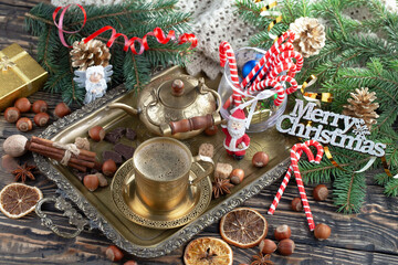 Merry Christmas, postcard with gifts and Christmas decorations.