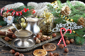 Merry Christmas, postcard with gifts and Christmas decorations.