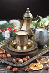 Merry Christmas and Happy New Year, postcard with gifts and Christmas decorations.
