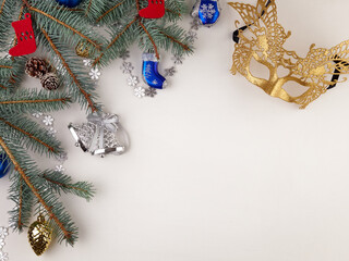 New year-pine branches and Christmas toys on a white background