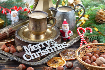 Merry Christmas, postcard with gifts and Christmas decorations.