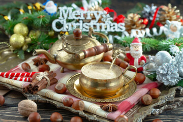 Merry Christmas, postcard with gifts and Christmas decorations.