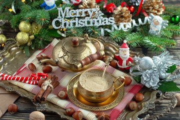 Merry Christmas, postcard with gifts and Christmas decorations.