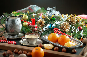 Obraz na płótnie Canvas Merry Christmas, postcard with gifts and Christmas decorations.