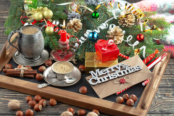 Merry Christmas, postcard with gifts and Christmas decorations.