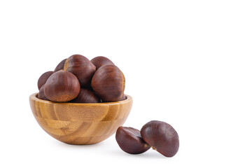 Fresh Chestnuts fruit isolated in wooden bowl on white background