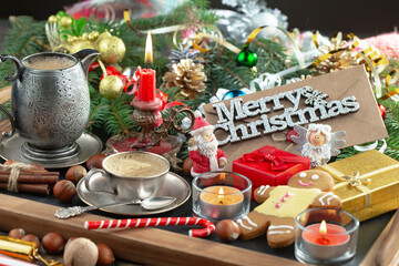 Merry Christmas, postcard with gifts and Christmas decorations.