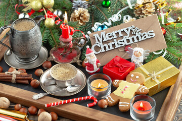 Naklejka na ściany i meble Merry Christmas, postcard with gifts and Christmas decorations.