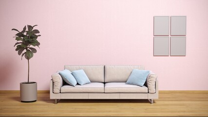 Fototapeta premium Pink minimalist living room interior with sofa, dresser on a wooden floor, decor on a large wall, pink landscape in window. Home interior. 3D illustration