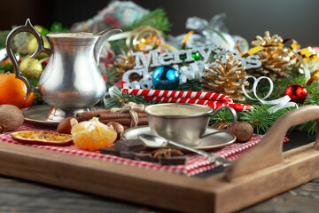 Merry Christmas, postcard with gifts and Christmas decorations.