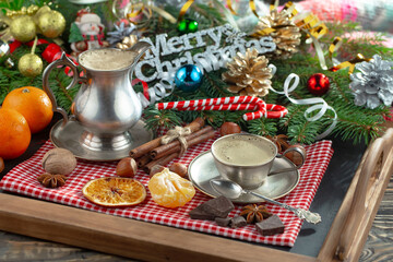 Merry Christmas and Happy New Year, postcard with gifts and Christmas decorations.