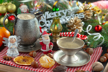 Merry Christmas and Happy New Year, postcard with gifts and Christmas decorations.