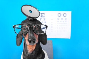 close up funny dachshund dog ophthalmologist in doctors costume with glasses for vision correction,...
