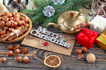 Merry Christmas, postcard with gifts and Christmas decorations.