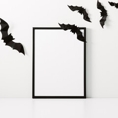 Halloween holiday concept. Photo frame, halloween decorations on white background. Front view, copy space
