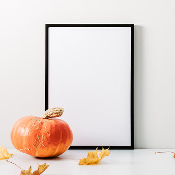 Autumn minimal composition. Thanksgiving holiday concept. Photo frame, pumpkin on white background. Front view, copy space