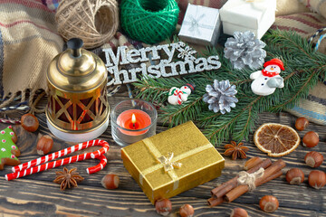 Merry Christmas, postcard with gifts and Christmas decorations.