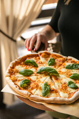 Pizza with cheese and basil leaves
