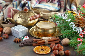 Merry Christmas, postcard with gifts and Christmas decorations.