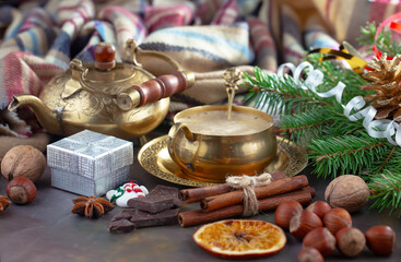 Merry Christmas, postcard with gifts and Christmas decorations.