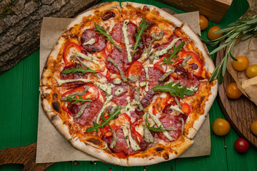 salami, ham, pizza, cheese, tomato, sausage, fast, food, dinner, pepperoni, italian, cuisine, mozzarella, vegetable, pepper, rustic, snack, baked, background, fastfood, closeup, mediterranean, meal, m