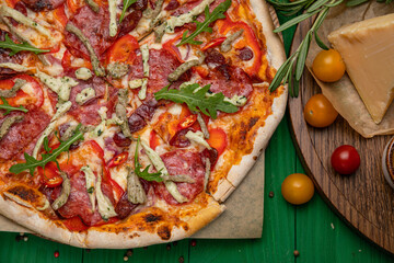 salami, ham, pizza, cheese, tomato, sausage, fast, food, dinner, pepperoni, italian, cuisine, mozzarella, vegetable, pepper, rustic, snack, baked, background, fastfood, closeup, mediterranean, meal, m