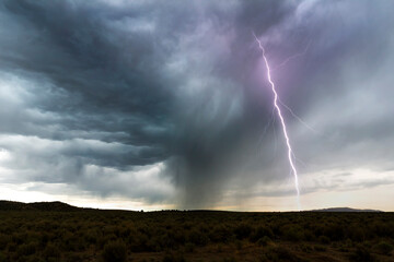 Naklejka na ściany i meble Purple lightning strike onto the desert floor from a storm after sunset