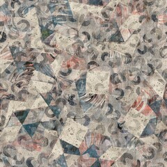 Chic formal grungy geometric shapes texture seamless pattern. High quality illustration. Strange abstract geo design in a trendy posh exotic style. Grainy fabric texture overlay.