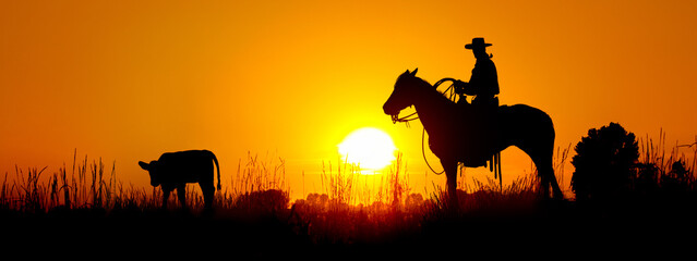 A silhouette of a working cowboy against an evening sunset getting ready to rope a stray calf.
