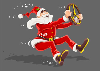 Christmas Santa Claus drives vehicle with wheel of virtual car. High-speed driving to holiday Cartoon character in red suit with beard symbol of christmas. Isolated gray background. Illustration.
