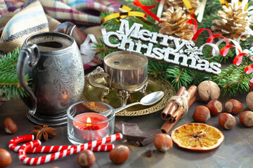 Merry Christmas and Happy New Year, postcard with gifts and Christmas decorations.