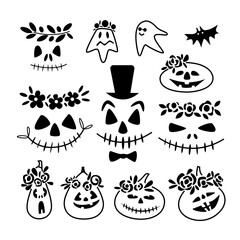 Set of scary and funny faces of Halloween pumpkins, ghosts isolated on white background. Vector doodle outline illustration. Design for website, Halloween festival, greeting card, print