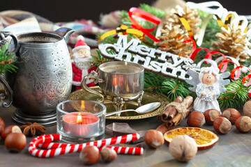 Merry Christmas, postcard with gifts and Christmas decorations.