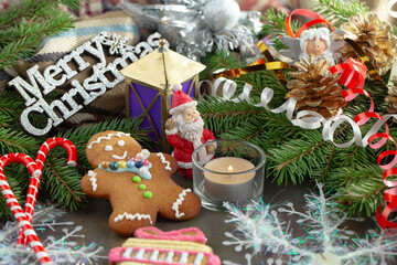 Merry Christmas card with gifts and, coffee and Christmas decorations.