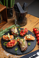 Assorted Italian bruschettas in a restaurant
