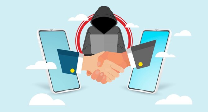 Vector illustration of hacker penetrating a hand shake of two mobile phone. Cybersecurity concept. Unsecure connection.