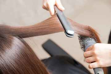 Naklejka premium Keratin recovery hair professional ultrasonic iron tool and protein treatment pile in salon stylist